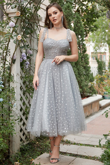 Grey Spaghetti Straps Tea-Length Formal Dress With Bowknots